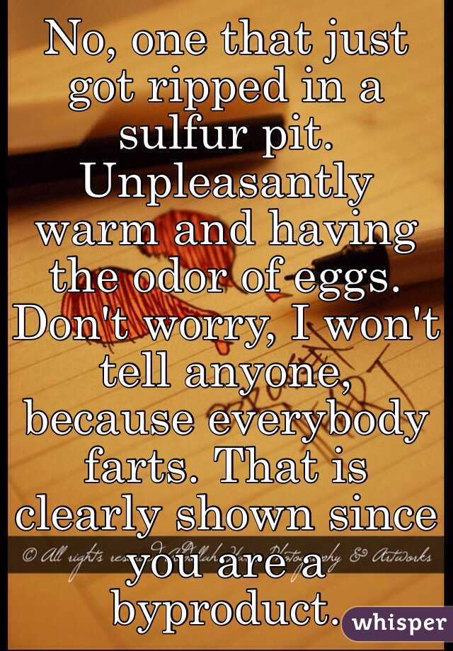 No, one that just got ripped in a sulfur pit. Unpleasantly warm and having the odor of eggs. Don't worry, I won't tell anyone, because everybody farts. That is clearly shown since you are a byproduct.  