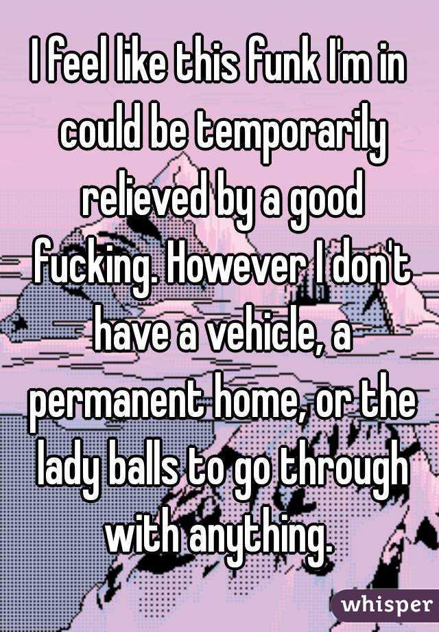 I feel like this funk I'm in could be temporarily relieved by a good fucking. However I don't have a vehicle, a permanent home, or the lady balls to go through with anything. 