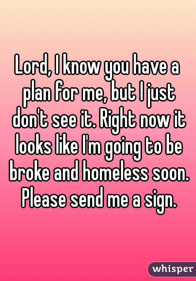 Lord, I know you have a plan for me, but I just don't see it. Right now it looks like I'm going to be broke and homeless soon. Please send me a sign.
