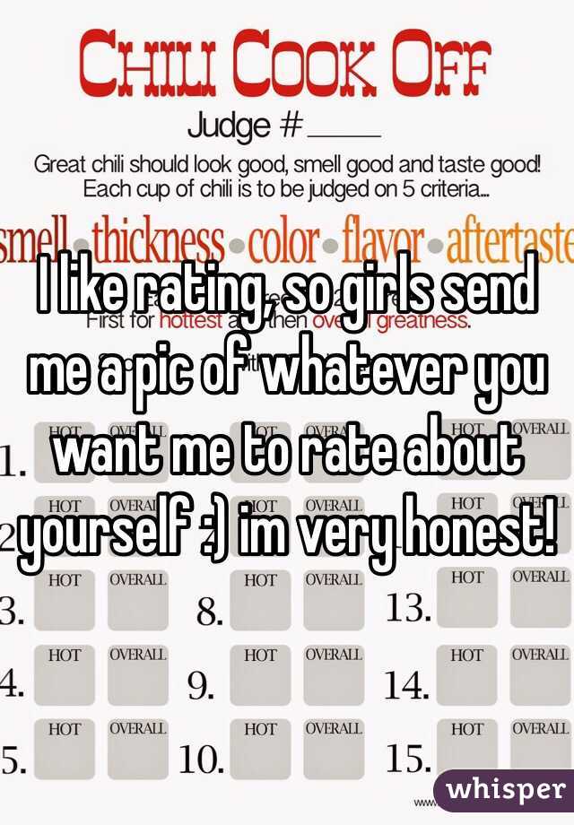 I like rating, so girls send me a pic of whatever you want me to rate about yourself :) im very honest!