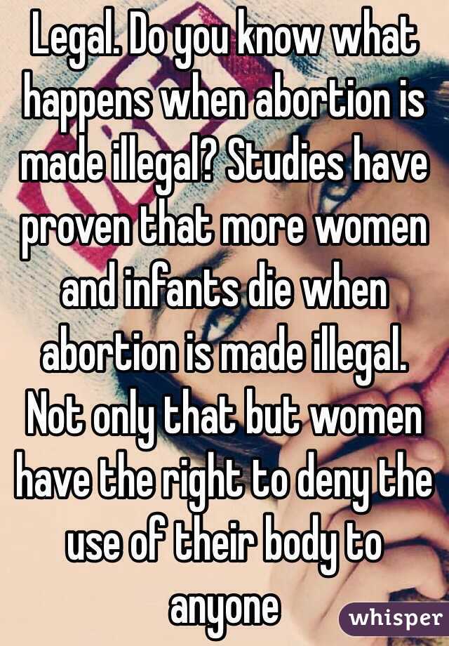 Legal. Do you know what happens when abortion is made illegal? Studies have proven that more women and infants die when abortion is made illegal. Not only that but women have the right to deny the use of their body to anyone