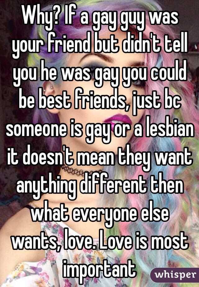 Why? If a gay guy was your friend but didn't tell you he was gay you could be best friends, just bc someone is gay or a lesbian it doesn't mean they want anything different then what everyone else wants, love. Love is most important