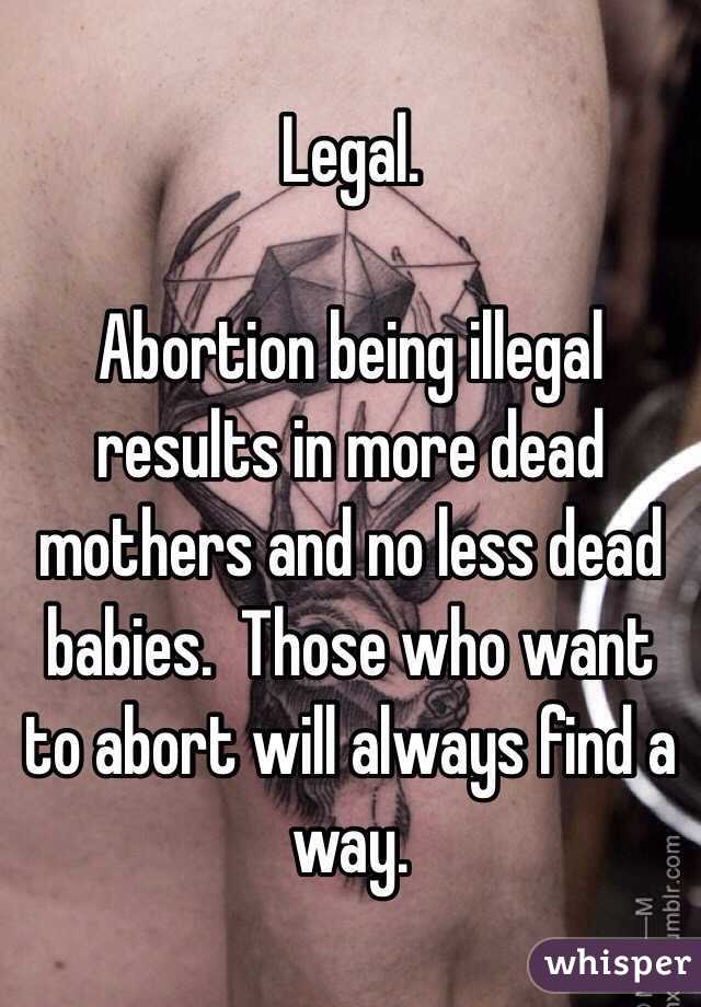 Legal.

Abortion being illegal results in more dead mothers and no less dead babies.  Those who want to abort will always find a way.