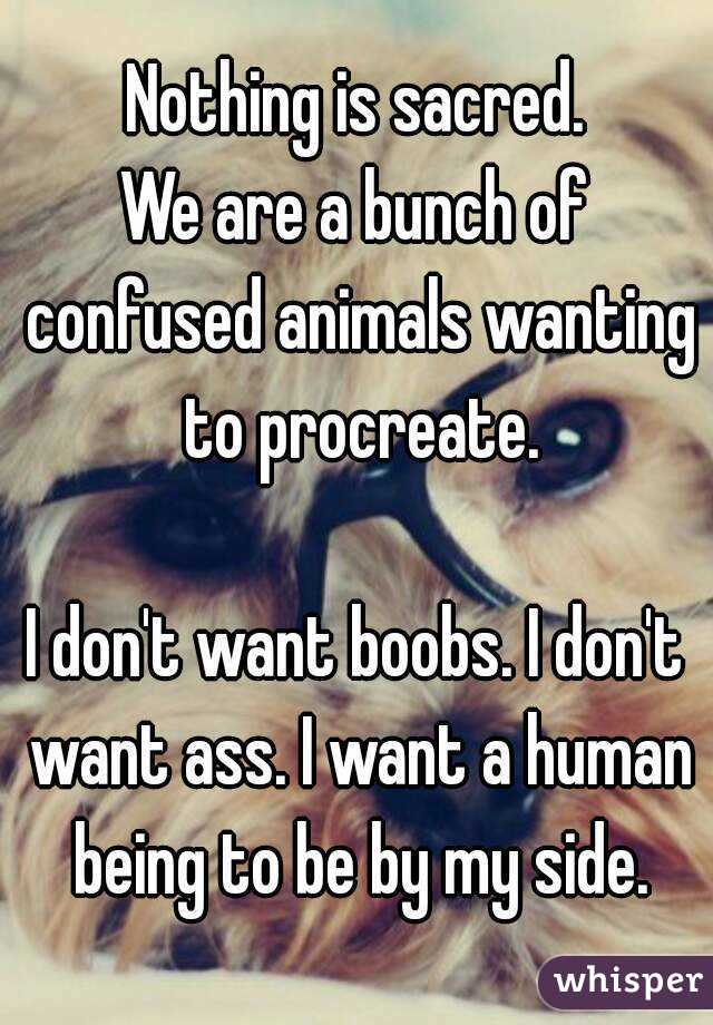 Nothing is sacred.
We are a bunch of confused animals wanting to procreate.

I don't want boobs. I don't want ass. I want a human being to be by my side.