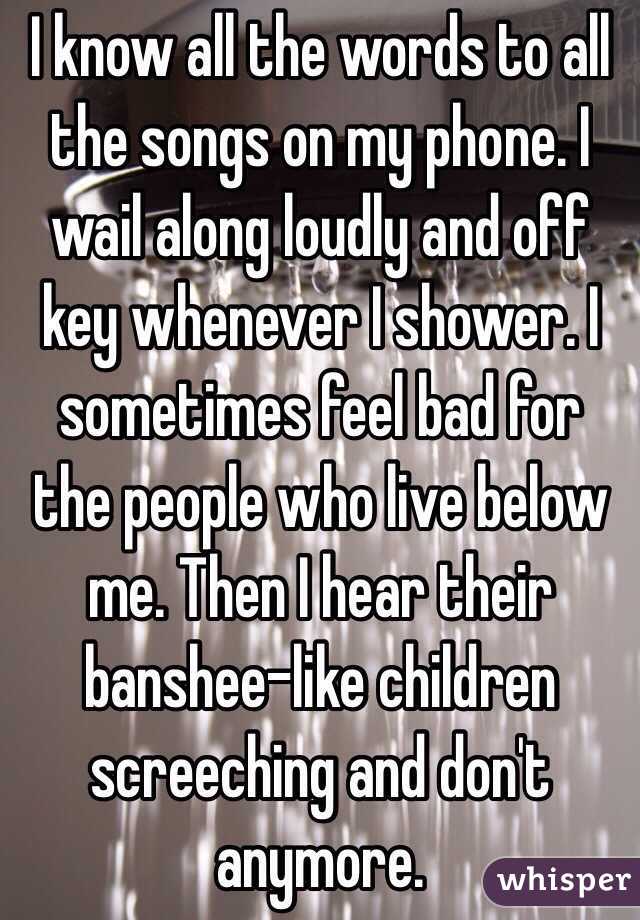 I know all the words to all the songs on my phone. I wail along loudly and off key whenever I shower. I sometimes feel bad for the people who live below me. Then I hear their banshee-like children screeching and don't anymore.