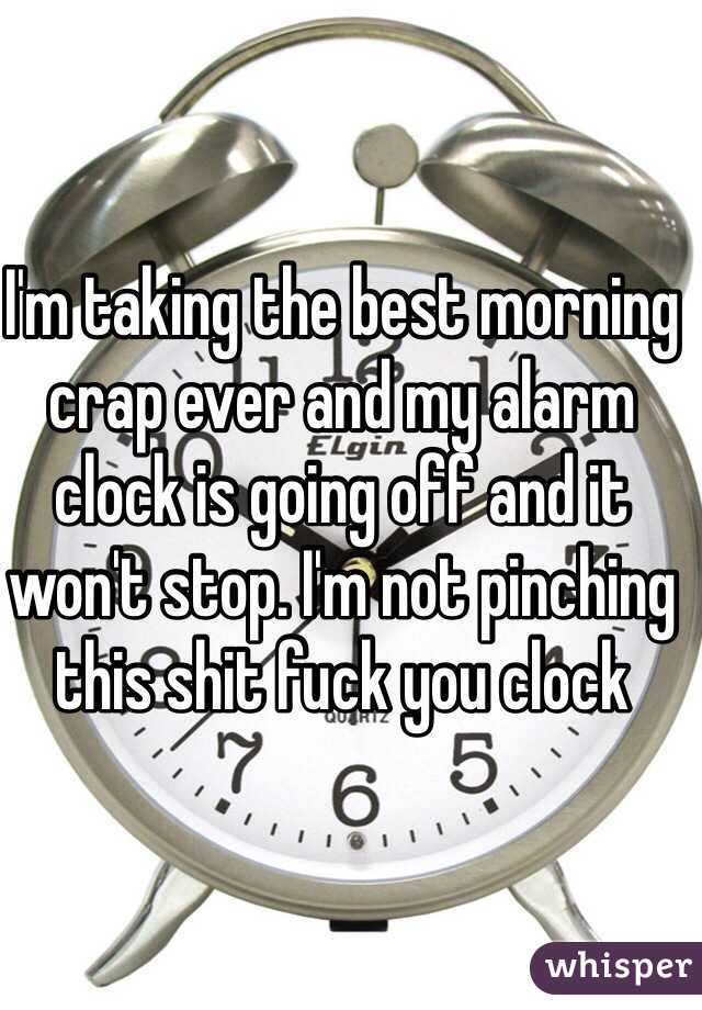 I'm taking the best morning crap ever and my alarm clock is going off and it won't stop. I'm not pinching this shit fuck you clock 