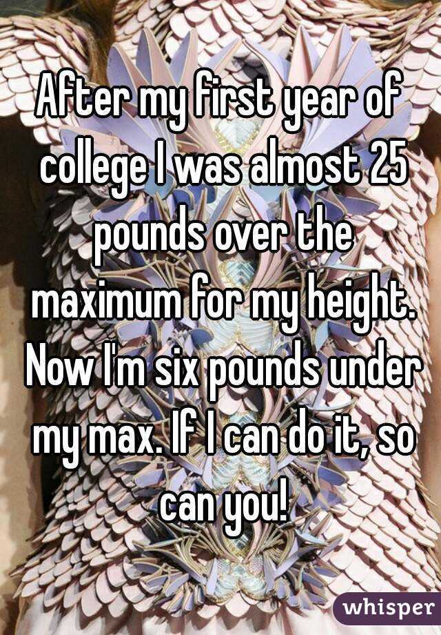 After my first year of college I was almost 25 pounds over the maximum for my height. Now I'm six pounds under my max. If I can do it, so can you!