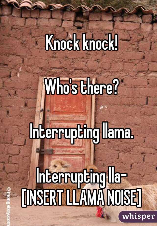 Knock knock!

Who's there?

Interrupting llama.

Interrupting lla- 
[INSERT LLAMA NOISE]
