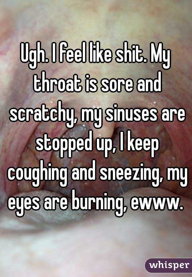 Ugh. I feel like shit. My throat is sore and scratchy, my sinuses are stopped up, I keep coughing and sneezing, my eyes are burning, ewww. 