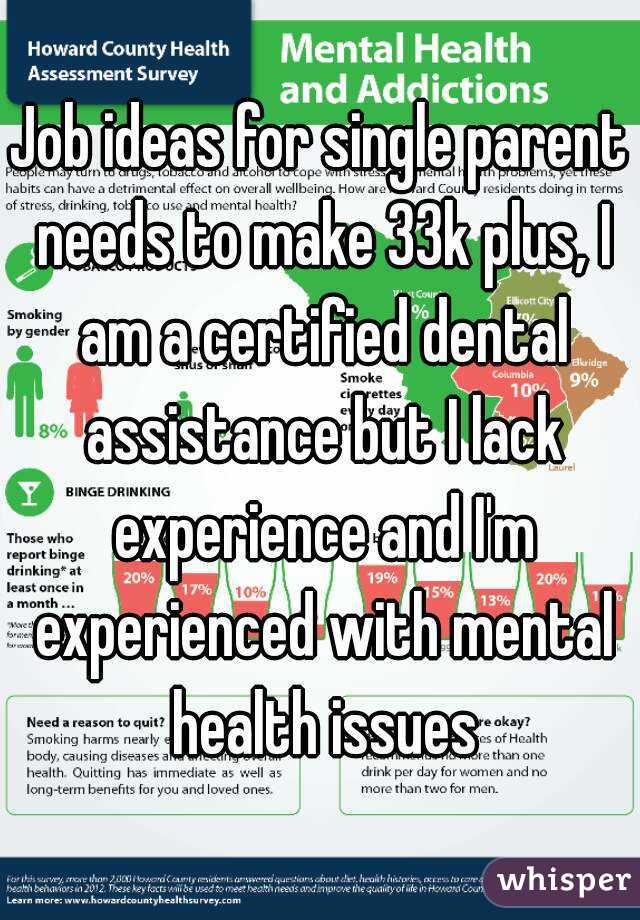 Job ideas for single parent needs to make 33k plus, I am a certified dental assistance but I lack experience and I'm experienced with mental health issues