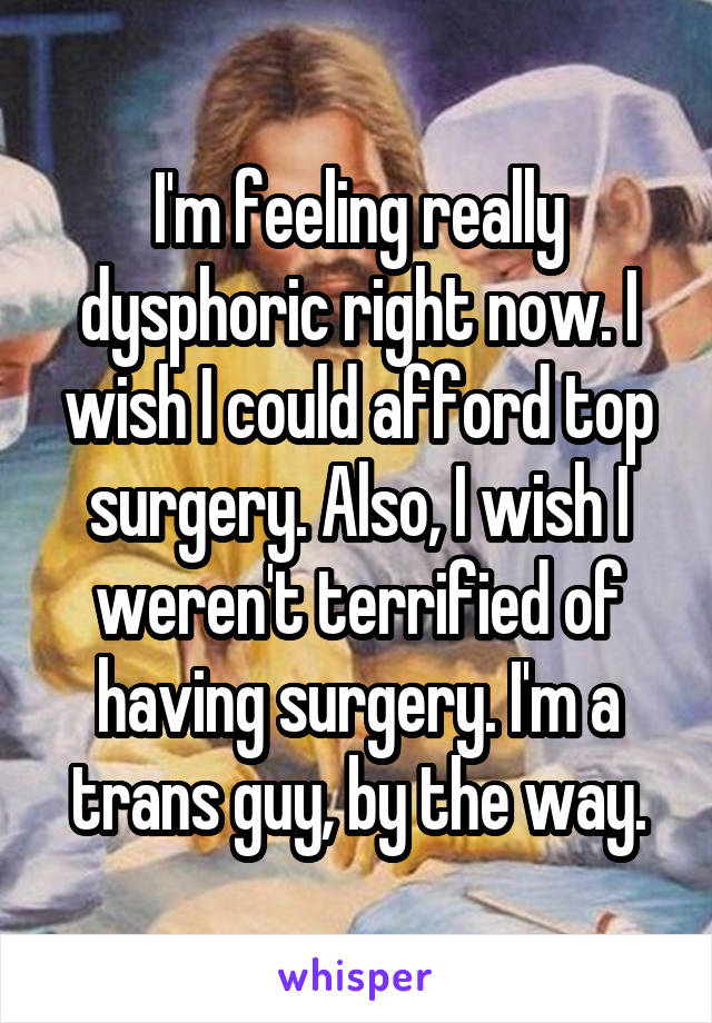 I'm feeling really dysphoric right now. I wish I could afford top surgery. Also, I wish I weren't terrified of having surgery. I'm a trans guy, by the way.
