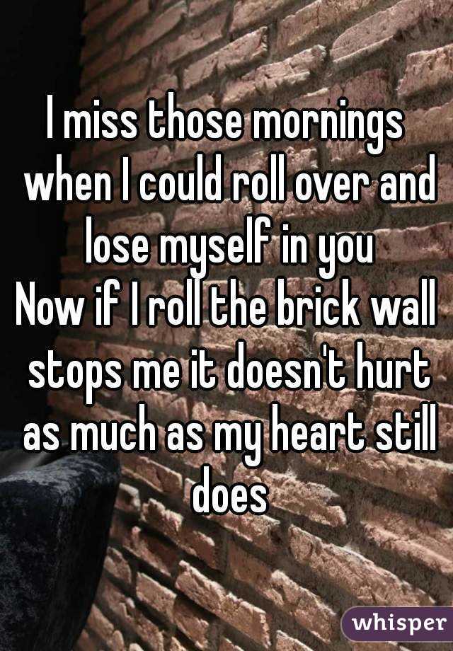 I miss those mornings when I could roll over and lose myself in you
Now if I roll the brick wall stops me it doesn't hurt as much as my heart still does