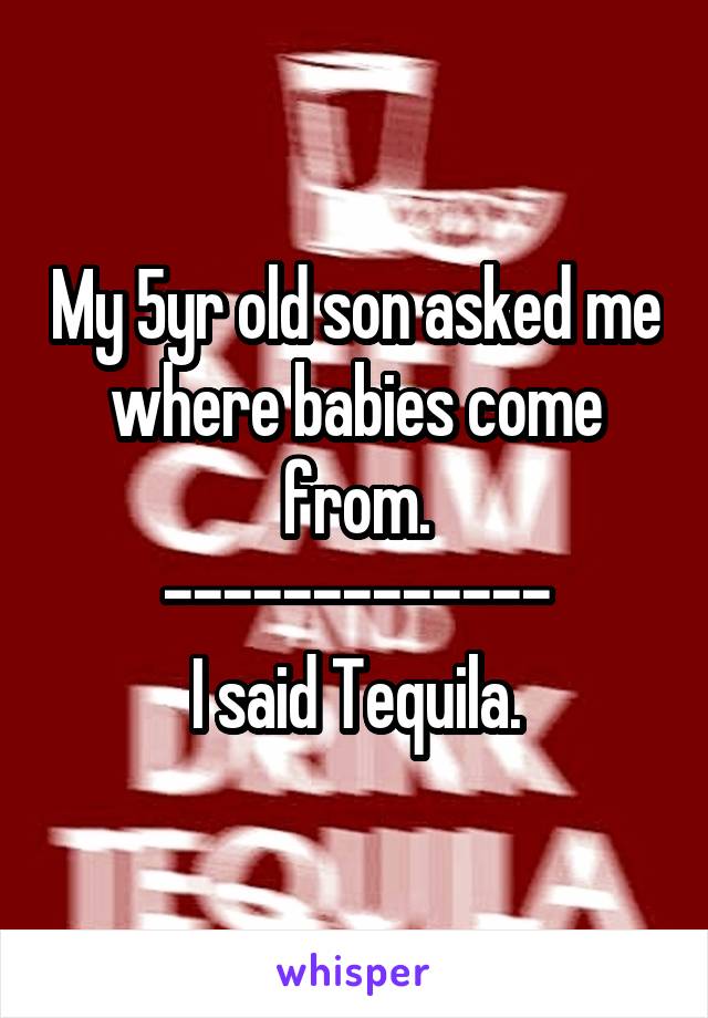 My 5yr old son asked me where babies come from.
-------------
I said Tequila.