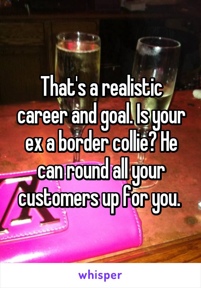 That's a realistic career and goal. Is your ex a border collie? He can round all your customers up for you. 