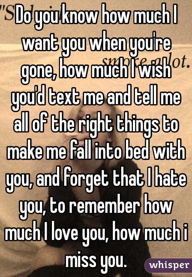 Do you know how much I want you when you're gone, how much I wish you'd text me and tell me all of the right things to make me fall into bed with you, and forget that I hate you, to remember how much I love you, how much i miss you. 