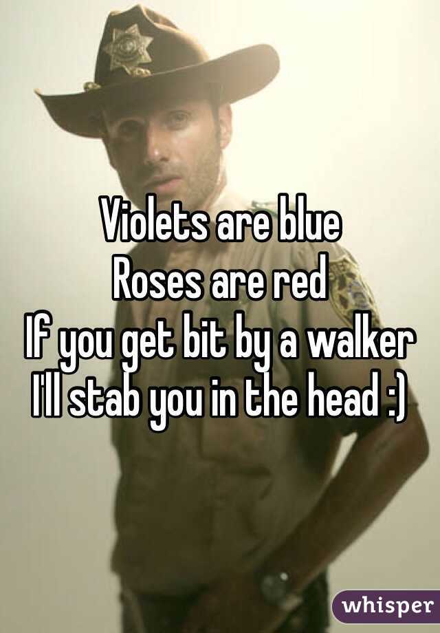 Violets are blue
Roses are red
If you get bit by a walker
I'll stab you in the head :)