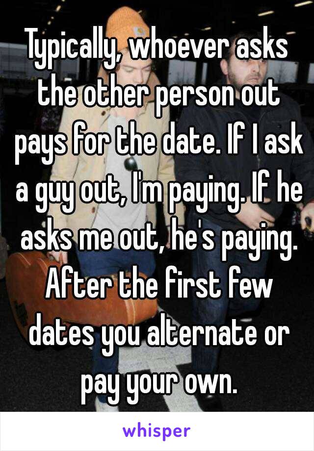 Typically, whoever asks the other person out pays for the date. If I ask a guy out, I'm paying. If he asks me out, he's paying. After the first few dates you alternate or pay your own.