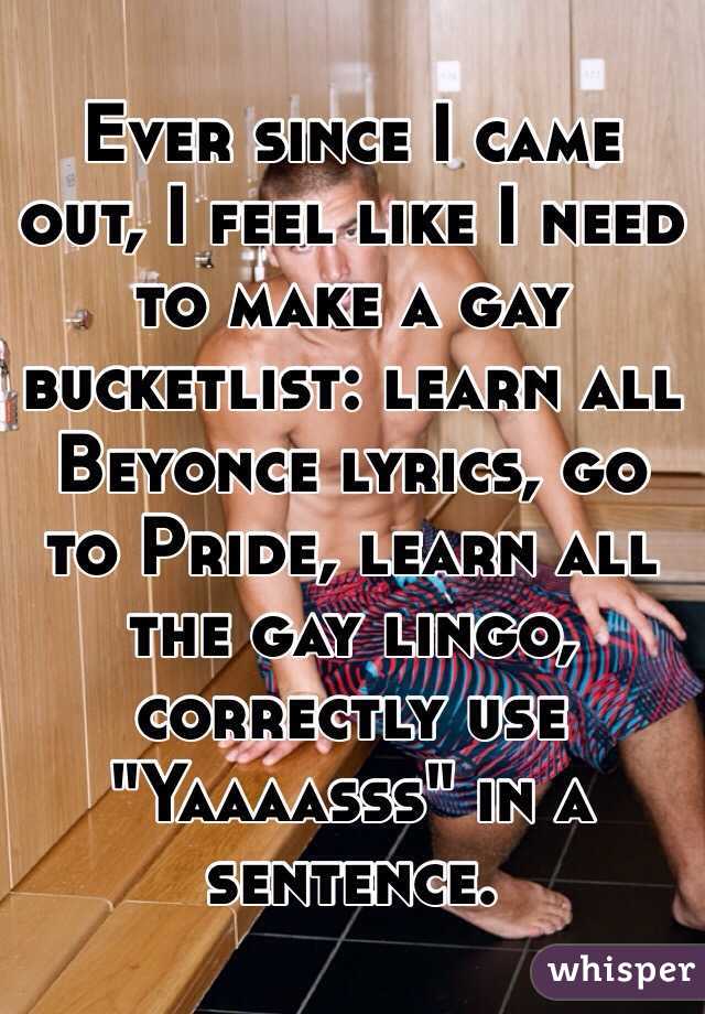 Ever since I came out, I feel like I need to make a gay bucketlist: learn all Beyonce lyrics, go to Pride, learn all the gay lingo, correctly use "Yaaaasss" in a sentence.