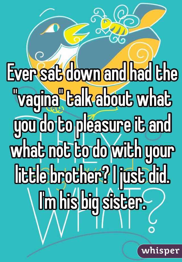 Ever sat down and had the "vagina" talk about what you do to pleasure it and what not to do with your little brother? I just did. I'm his big sister. 