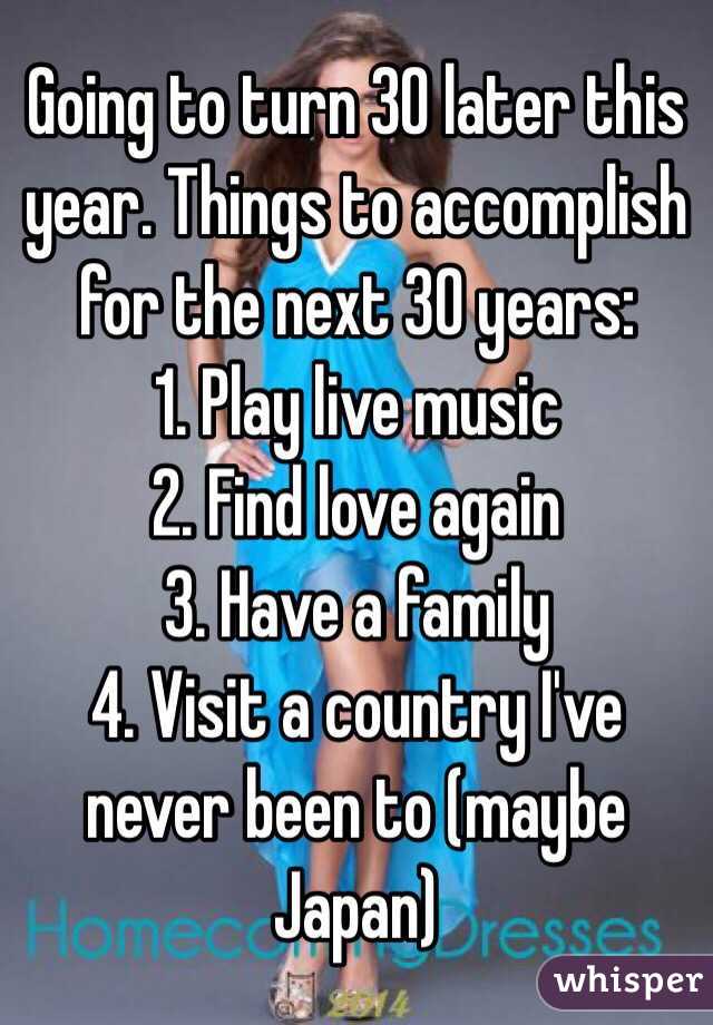 Going to turn 30 later this year. Things to accomplish for the next 30 years:
1. Play live music
2. Find love again
3. Have a family
4. Visit a country I've never been to (maybe Japan)
