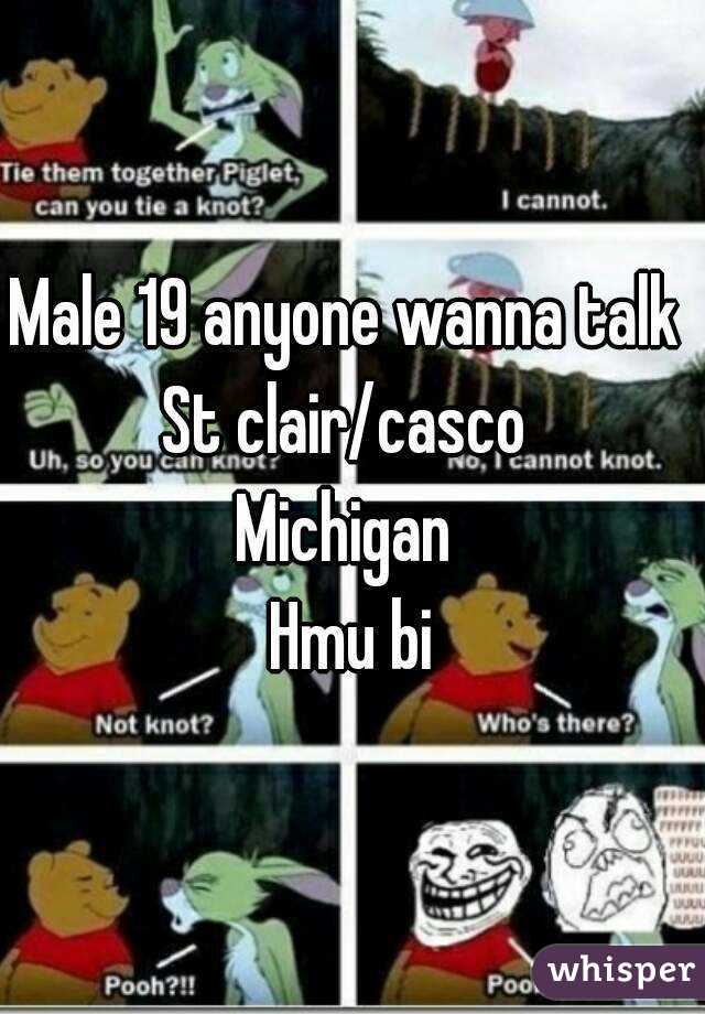 Male 19 anyone wanna talk 
St clair/casco 
Michigan 
Hmu bi