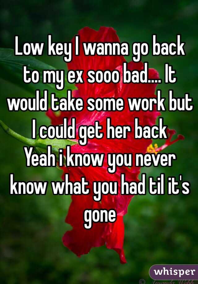 Low key I wanna go back to my ex sooo bad.... It would take some work but I could get her back
Yeah i know you never know what you had til it's gone