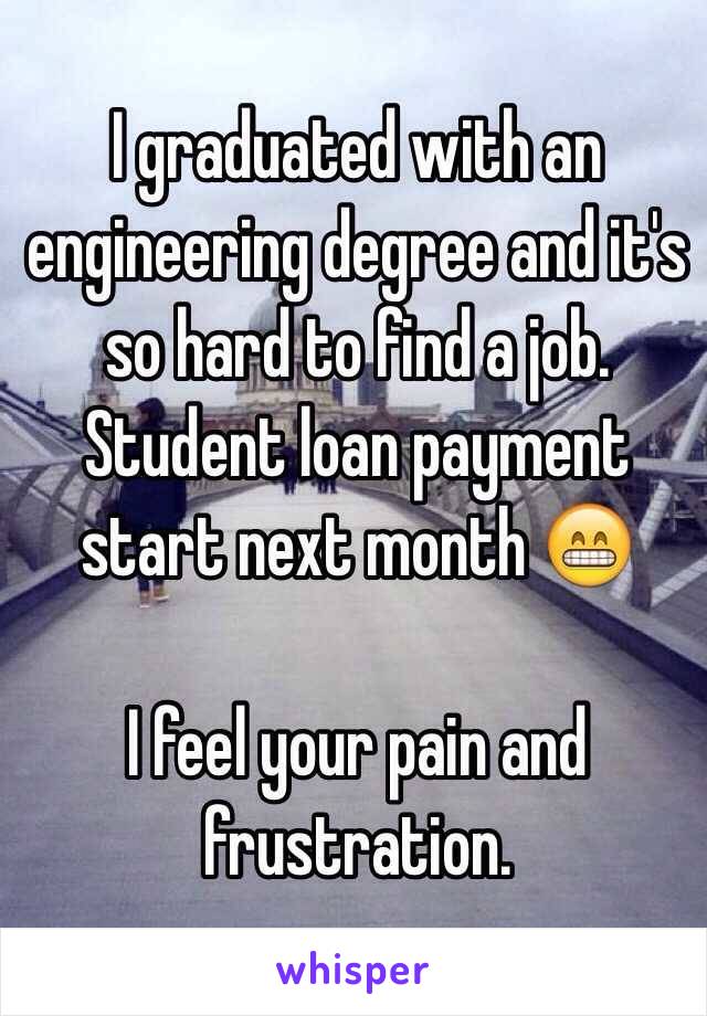 I graduated with an engineering degree and it's so hard to find a job. 
Student loan payment start next month 😁

I feel your pain and frustration. 