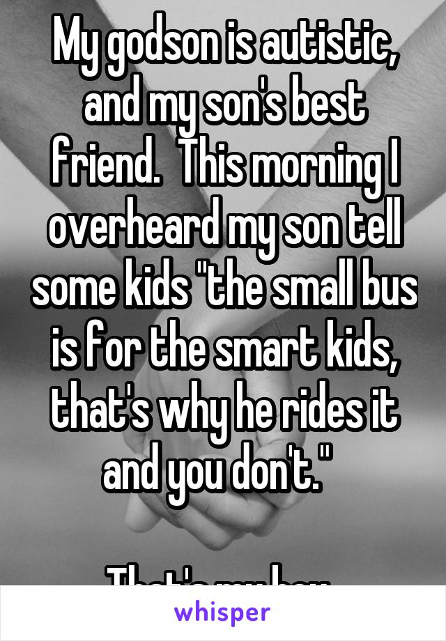 My godson is autistic, and my son's best friend.  This morning I overheard my son tell some kids "the small bus is for the smart kids, that's why he rides it and you don't."  

That's my boy. 