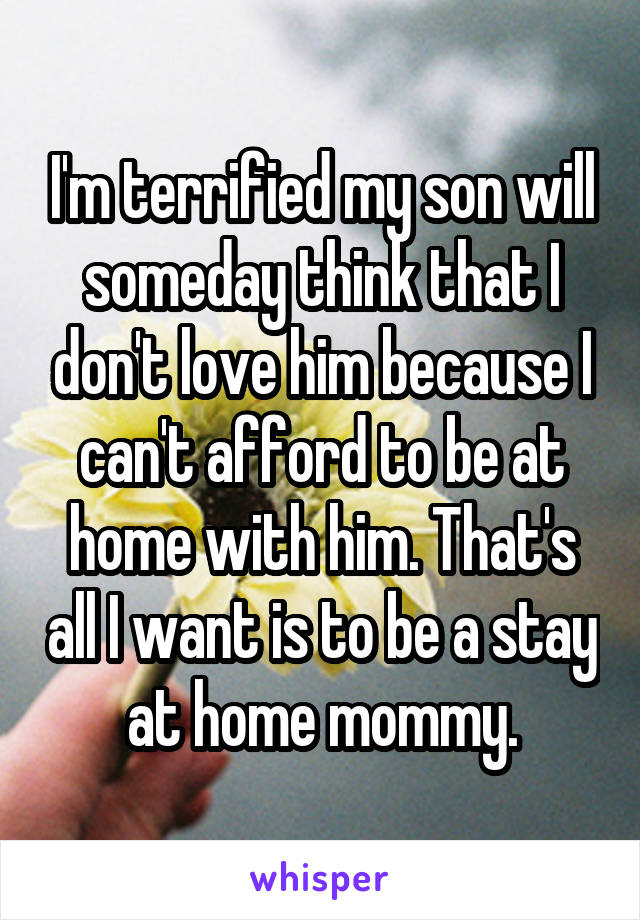 I'm terrified my son will someday think that I don't love him because I can't afford to be at home with him. That's all I want is to be a stay at home mommy.