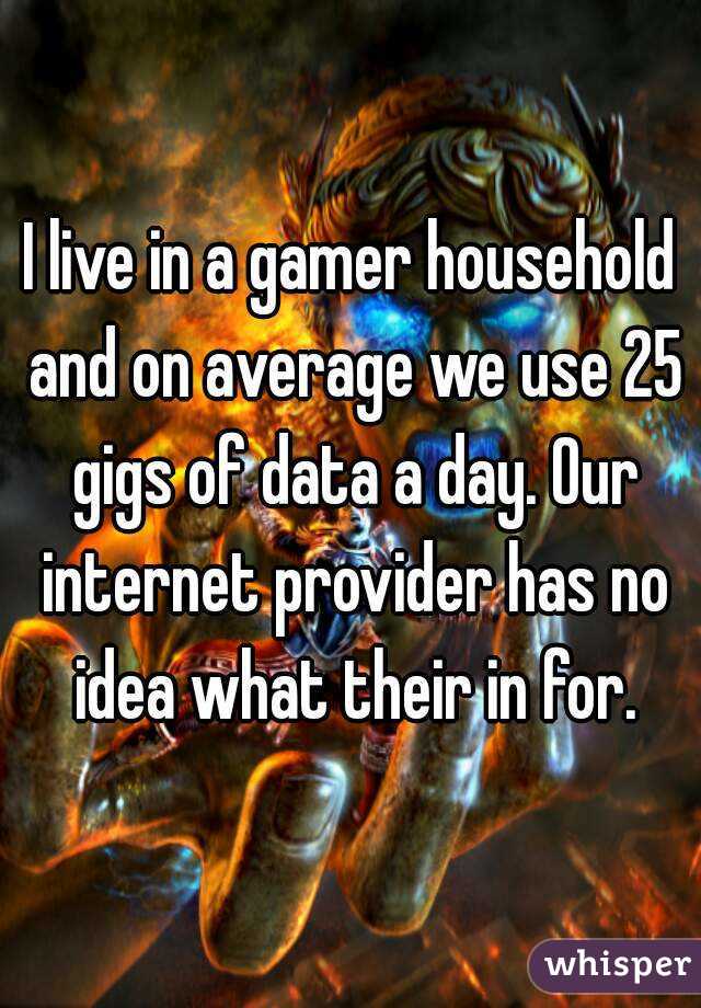 I live in a gamer household and on average we use 25 gigs of data a day. Our internet provider has no idea what their in for.