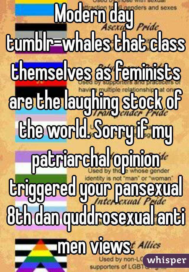 Modern day tumblr-whales that class themselves as feminists are the laughing stock of the world. Sorry if my patriarchal opinion triggered your pansexual 8th dan quddrosexual anti men views.