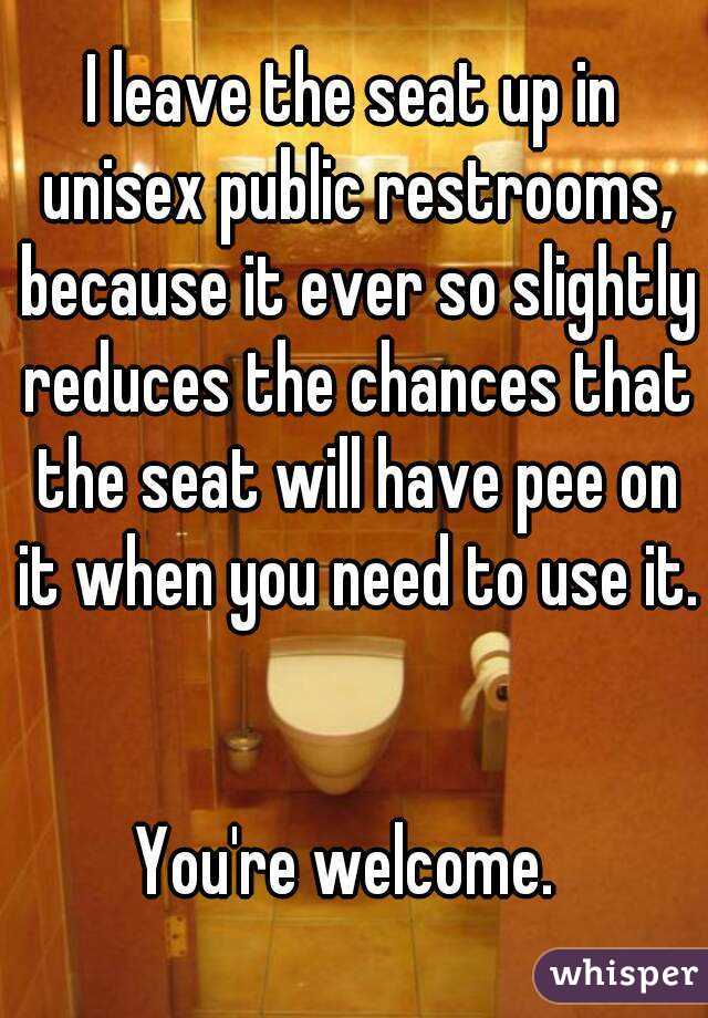 I leave the seat up in unisex public restrooms, because it ever so slightly reduces the chances that the seat will have pee on it when you need to use it. 

You're welcome. 