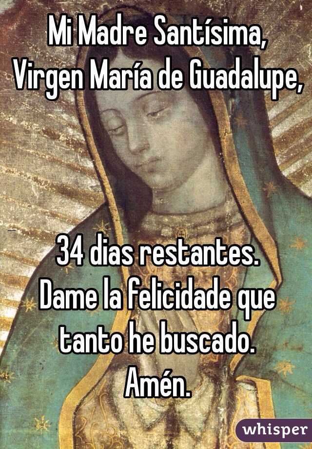 Mi Madre Santísima,
Virgen María de Guadalupe,



34 dias restantes.
Dame la felicidade que tanto he buscado.
Amén.