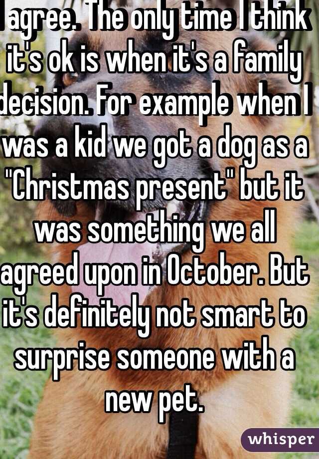 I agree. The only time I think it's ok is when it's a family decision. For example when I was a kid we got a dog as a "Christmas present" but it was something we all agreed upon in October. But it's definitely not smart to surprise someone with a new pet.