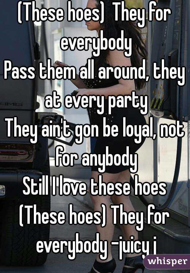 (These hoes) They for everybody
Pass them all around, they at every party
They ain't gon be loyal, not for anybody
Still I love these hoes
(These hoes) They for everybody -juicy j