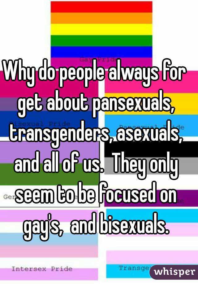 Why do people always for get about pansexuals, transgenders, asexuals, and all of us.  They only seem to be focused on gay's,  and bisexuals.