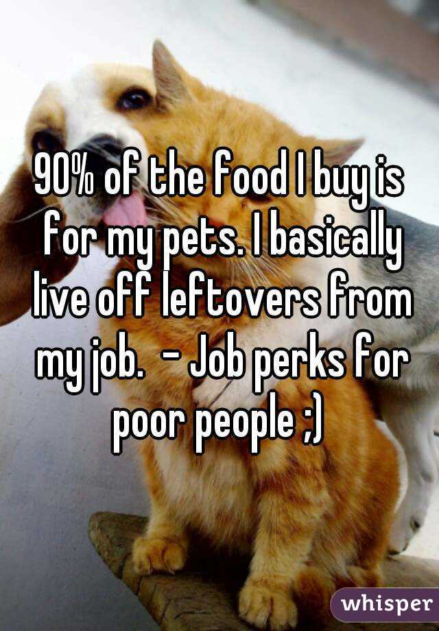 90% of the food I buy is for my pets. I basically live off leftovers from my job.  - Job perks for poor people ;) 