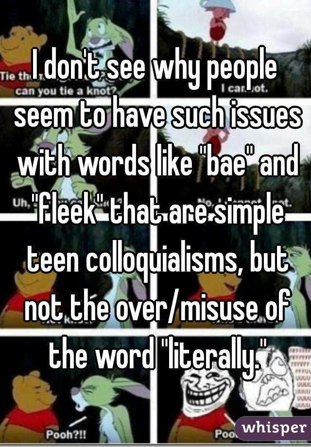 I don't see why people seem to have such issues with words like "bae" and "fleek" that are simple teen colloquialisms, but not the over/misuse of the word "literally."