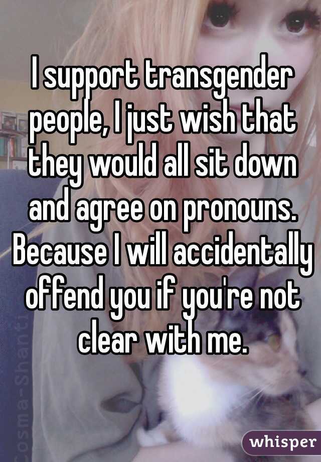 I support transgender people, I just wish that they would all sit down and agree on pronouns. Because I will accidentally offend you if you're not clear with me.