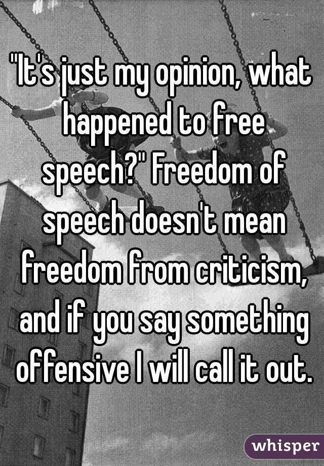 "It's just my opinion, what happened to free speech?" Freedom of speech doesn't mean freedom from criticism, and if you say something offensive I will call it out.