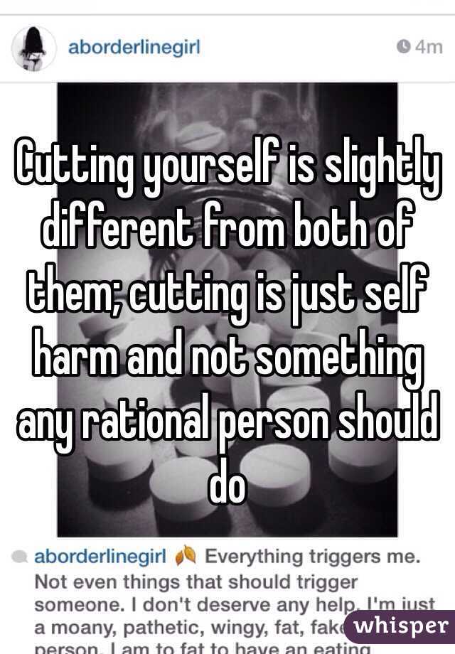 Cutting yourself is slightly different from both of them; cutting is just self harm and not something any rational person should do
