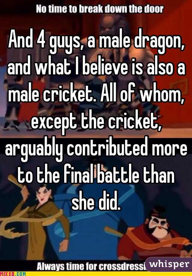 And 4 guys, a male dragon, and what I believe is also a male cricket. All of whom, except the cricket, arguably contributed more to the final battle than she did.