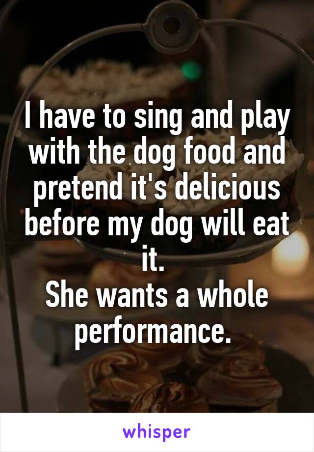 I have to sing and play with the dog food and pretend it's delicious before my dog will eat it. 
She wants a whole performance. 