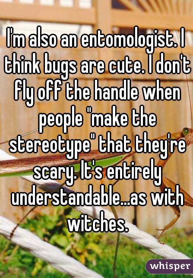 I'm also an entomologist. I think bugs are cute. I don't fly off the handle when people "make the stereotype" that they're scary. It's entirely understandable...as with witches.