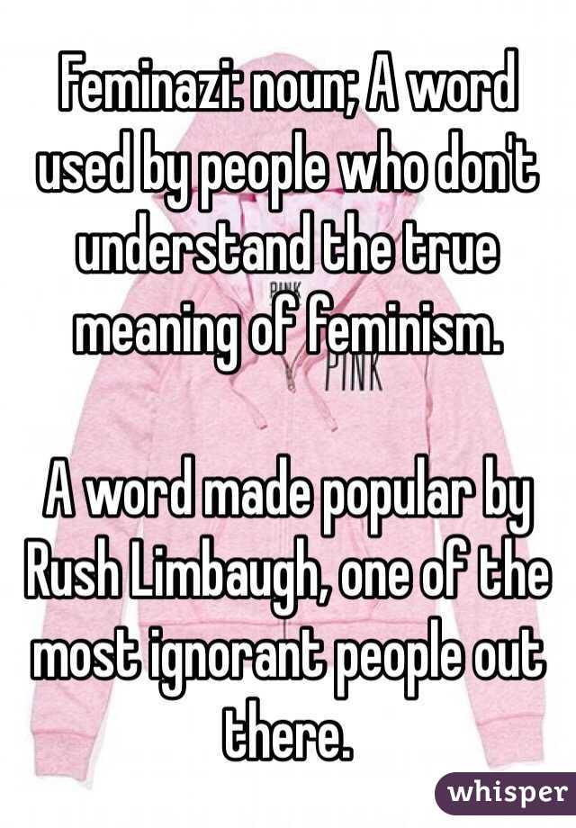 Feminazi: noun; A word used by people who don't understand the true meaning of feminism.

A word made popular by Rush Limbaugh, one of the most ignorant people out there.