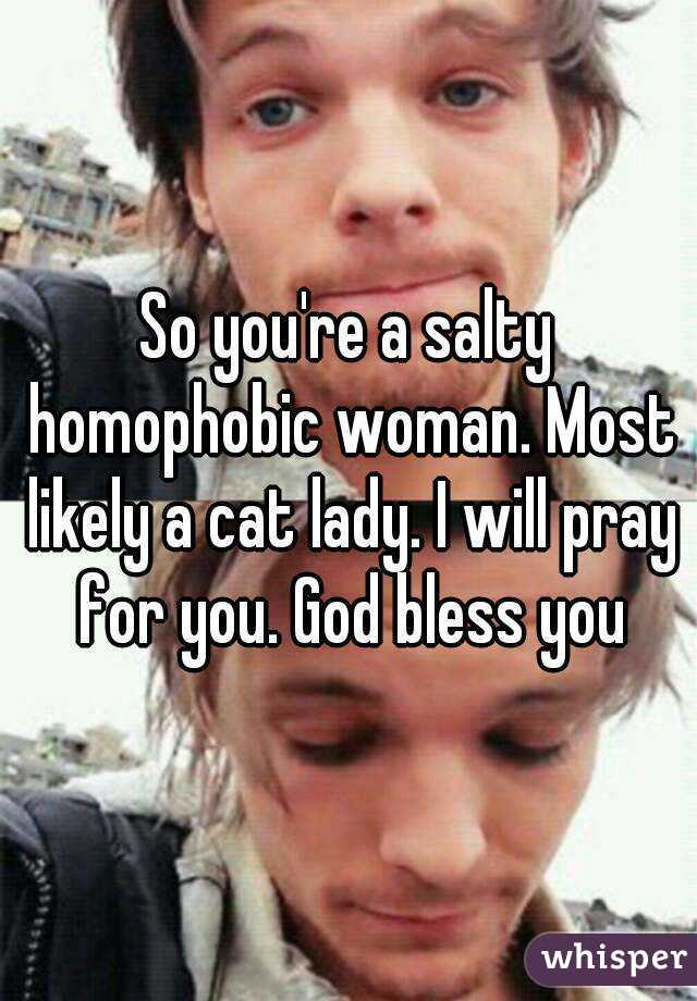 So you're a salty homophobic woman. Most likely a cat lady. I will pray for you. God bless you