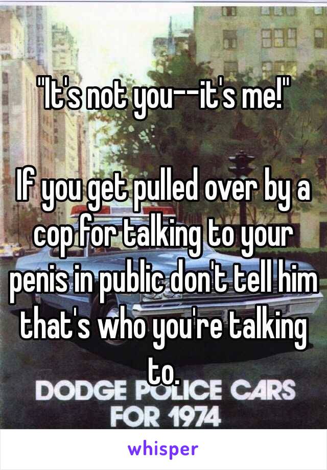 "It's not you--it's me!"

If you get pulled over by a cop for talking to your penis in public don't tell him that's who you're talking to.