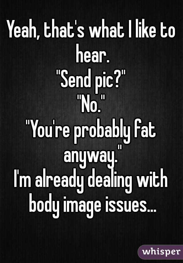 Yeah, that's what I like to hear.
"Send pic?"
"No."
"You're probably fat anyway."
I'm already dealing with body image issues...