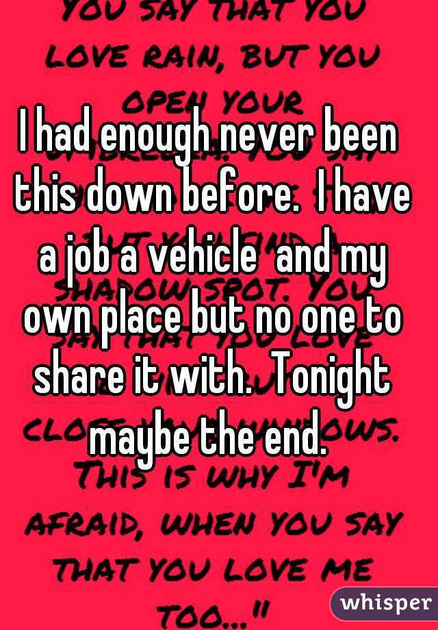 I had enough never been this down before.  I have a job a vehicle  and my own place but no one to share it with.  Tonight maybe the end. 