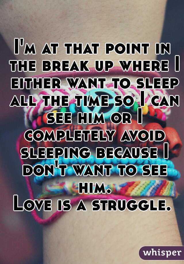 I'm at that point in the break up where I either want to sleep all the time so I can see him or I completely avoid sleeping because I don't want to see him.
Love is a struggle.